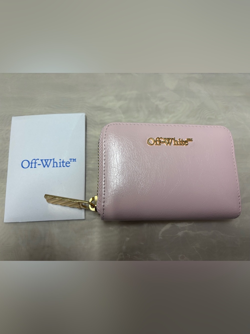 Off-White Light Pink Leather Zip-Around Card Wallet with Gold Logo